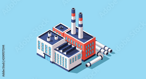 Isometric industrial factory building featuring multiple sections with tall chimneys and pipelines against a light blue background.