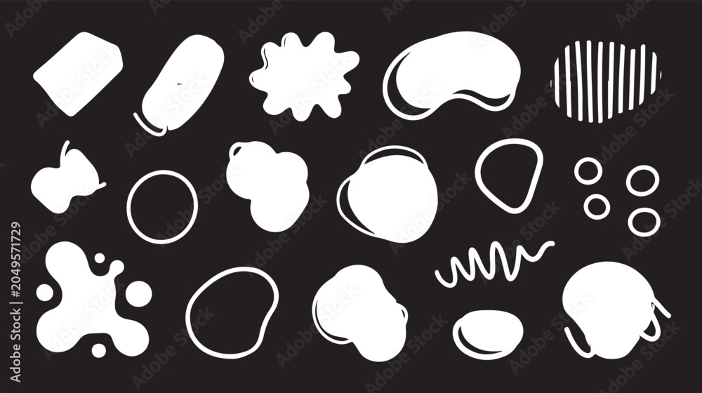 Fototapeta premium A versatile set of white, hand-drawn abstract organic and geometric doodles on a black background, perfect for contemporary design.