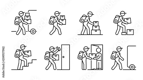 Bilde på lerret Courier home delivery steps, last mile logistics, and mail carrier action line icon set