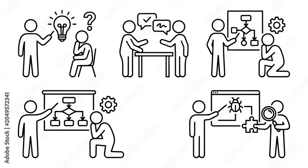 Fototapeta premium Business workflow, debugging solution and logic training line icon set