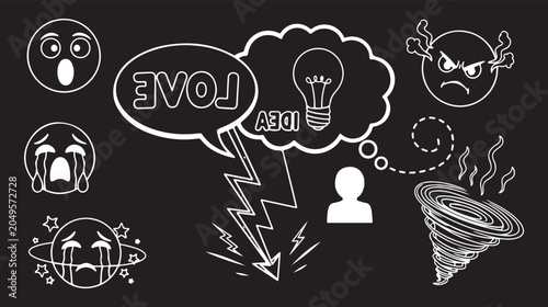 Fotografi A collection of white, hand-drawn line-art doodles on a black background, featuring various emotive facial expressions and conceptual symbols like LOVE and idea