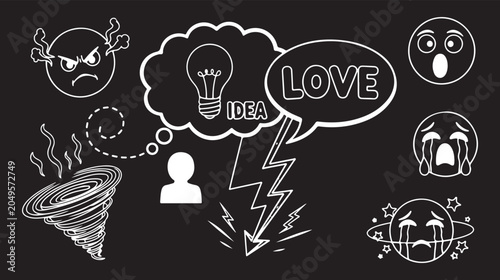 Принти на полотні A collection of white, hand-drawn line-art doodles on a black background, featuring various emotive facial expressions and conceptual symbols like LOVE and idea