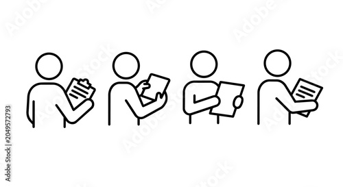 Business people holding document, clipboard, and paper report line icon set. Auditor, office worker, or student reviewing checklist and summary vector illustration.