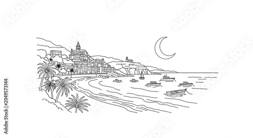 Black and white illustration of buildings.