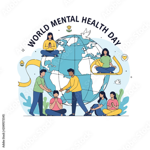Illustration of people around the globe for World Mental Health Day