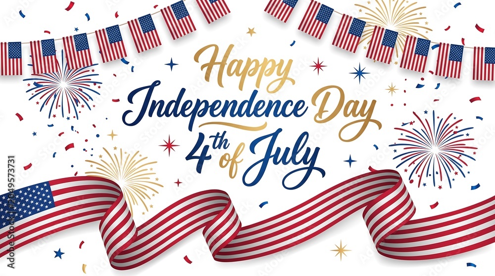 Obraz premium A festive illustration celebrating Independence Day with patriotic elements and colorful fireworks
