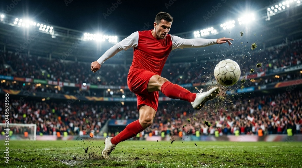 Naklejka premium Soccer player in Red jersey kicking ball on stadium pitch at night