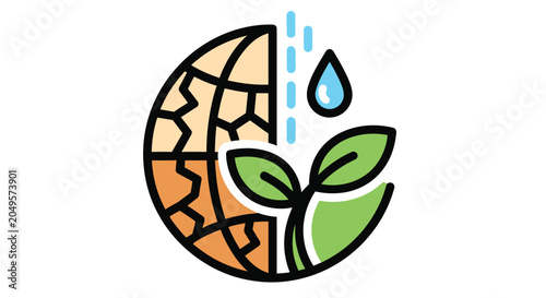 Environmental conservation icon cracked earth to new growth with water drop