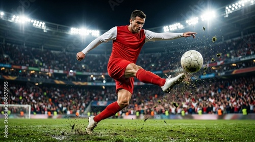Soccer player in Red jersey kicking ball on stadium pitch at night