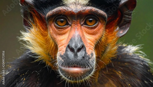 Close-up portrait of a primate with striking orange and black facial markings, looking directly at the camera