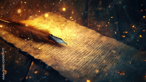 A delicate quill pen writing on a glowing parchment amidst a dreamlike, ethereal background