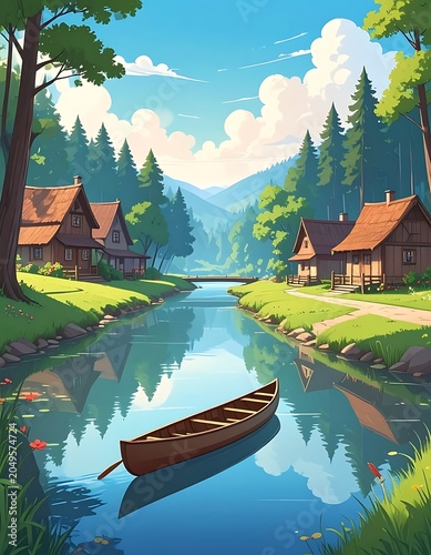 Serene village river landscape with boat.