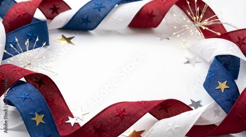 A festive patriotic ribbon border with red, white, and blue colors and star decorations on a white background.