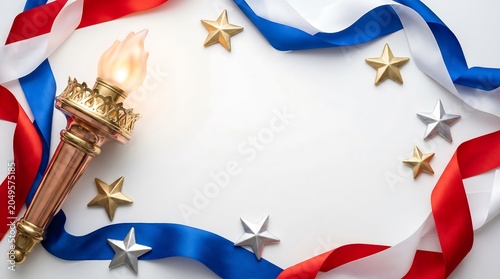 A patriotic arrangement of stars, ribbons, and a torch on a white background