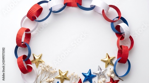 A patriotic paper chain wreath adorned with gold, silver, and blue stars on a white background