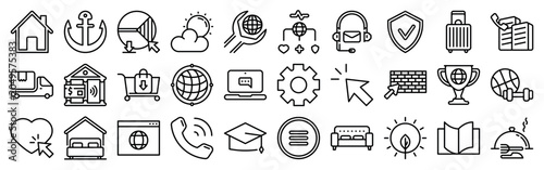 Universal website interface and navigation outline vector icon set
