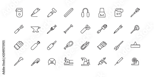 Foto Set of industrial workshop and craft tool line icons including anvil, hammer, and protective gloves