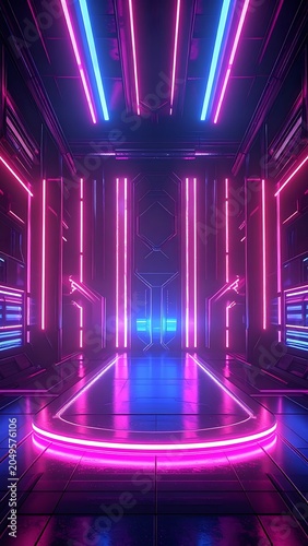 Neon Lit Futuristic Interior Space Design.