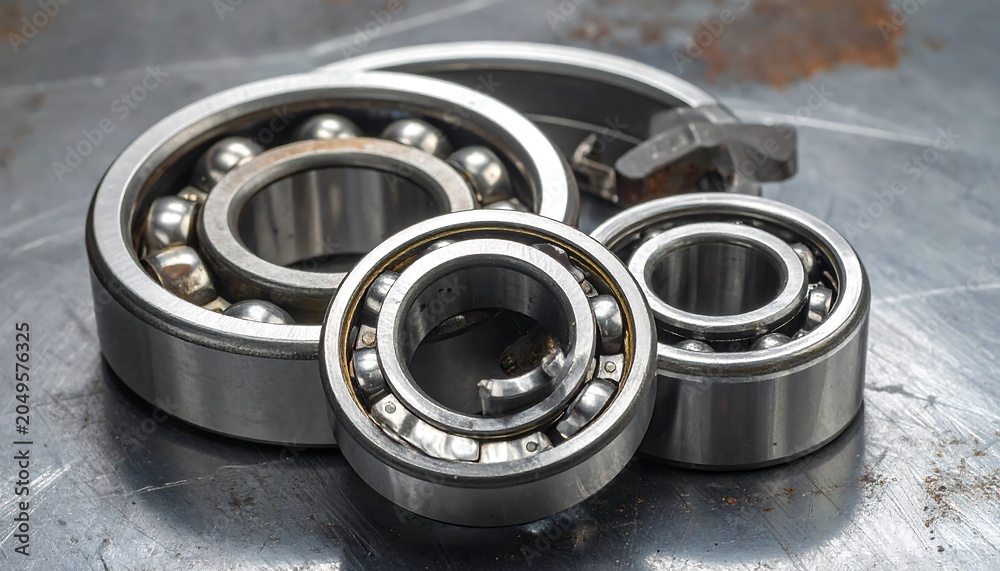 Obraz premium Close-up shot showcases three shiny, circular metal components filled with small ball bearings, resting on a textured, grey surface