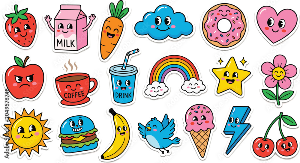 Fototapeta premium Retro Groovy Sticker Vector Collection Featuring Cute Cartoon Food Characters Rainbow Sun Heart and Whimsical 90s Style Pop Culture Graphic Elements