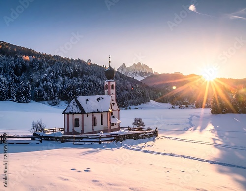 Serene Snowy Church at Sunrise Landscape.