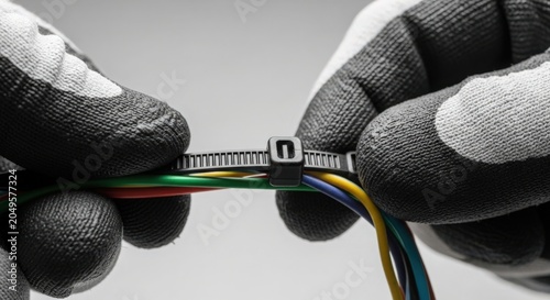 Hands securing cable ties on colorful wires in workshop environment, close-up view. Cable ties provide organization for electrical wires, ensuring neatness and safety.