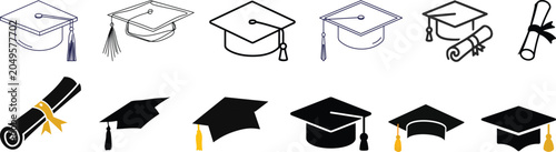 Fotografía Graduation cap icon set, university or college graduation hat icon, student graduation cap , student hat outline and filled vector sign