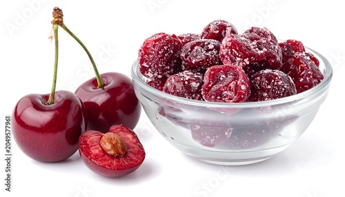 Close-up studio shot featuring fresh cherries, some whole, one sliced, and a glass bowl filled with sugared fruit