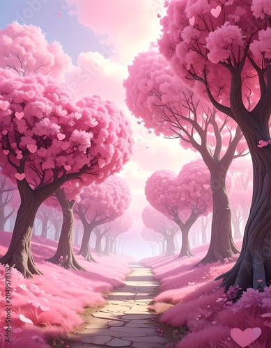 Pink trees line a serene pathway.