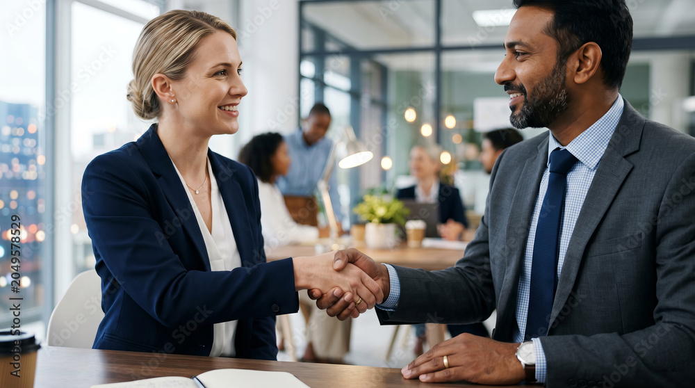 Fototapeta premium A close-up image of a business handshake between people of different nationalities, illustrating the concept of partnership and agreement.