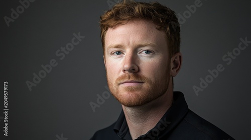 Portrait of a Red-Haired Man with Freckles, Serious Expression, Studio Lighting