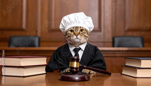 A Feline Judge in a Serious Wig and Robe Presiding Over Court with a Gavel