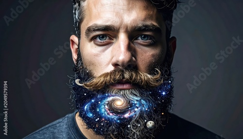 A man's beard transforms into a swirling cosmic galaxy filled with stars, nebulae, and tiny planets, a stunning blend of science and fantasy.