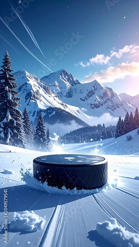 Hockey puck on snowy mountain landscape.