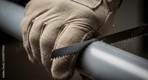 Hand holding saw cutting through metal pipe with precision and focus. Hand shows strong grip on saw as it slices through material, demonstrating skill and craftsmanship.