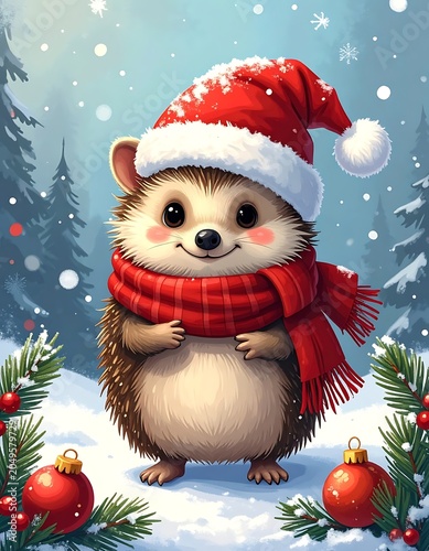 hedgehog wearing santa hat and scarf.