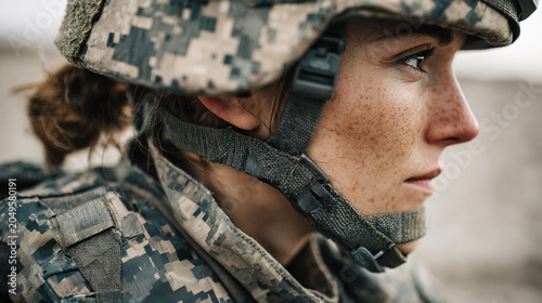 Focused female soldier in military gear during wartime