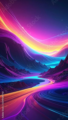 Vibrant neon light trail mountain landscape.