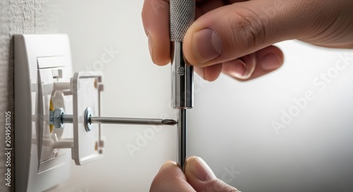 Hand holding screwdriver fixing electrical outlet on wall. Screwdriver is inserted into socket to tighten or replace it while working on home maintenance. Concept of DIY electrical repairs at home.