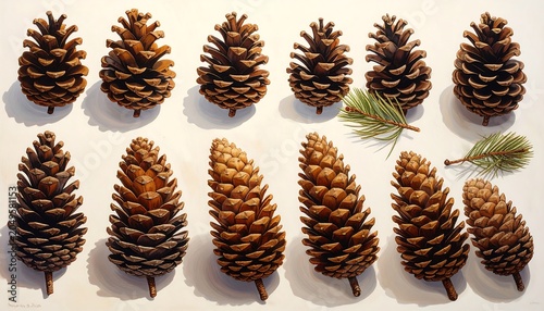 Close-up studio shot of twelve fully intact pine cones. Two small sprigs of green pine needles also are present