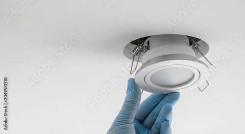 Hand installing recessed lighting fixture in ceiling with blue gloves. Installation process includes careful placement of light fixture into ceiling.