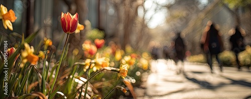 Vibrant tulips and daffodils bloom along a sunlit path with blurred figures