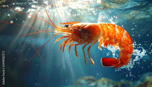 Close-up underwater view of a cooked crustacean with long antennae and a curved body, illuminated by sun rays