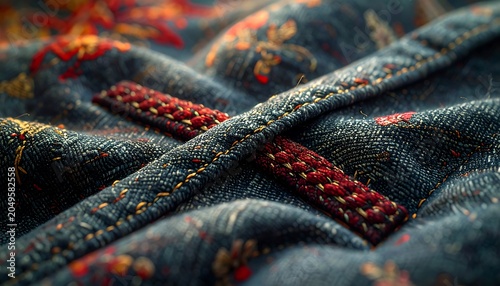 Close-up textile shot showcasing denim fabric with intricate red embroidered details, emphasizing texture and pattern variations