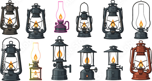 Tableau sur toile Vintage lantern and kerosene oil lamp vector illustration set featuring retro ca