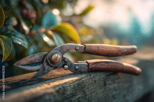 Aged gardening shears resting on a weathered wooden surface, bokeh background
