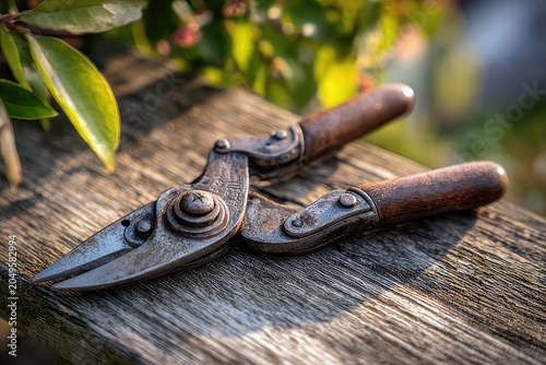 Close-up of weathered pruning shears resting on a rustic wooden surface