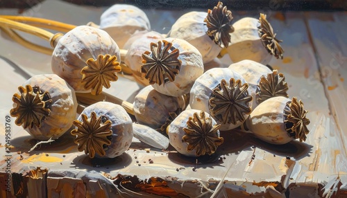 Close-up view depicts a collection of dried seed pods with intricate star-shaped crowns. Sunlight streams across a wooden surface