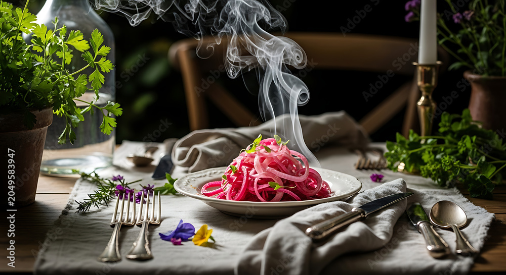 Fototapeta premium Fresh red pickled onion salad served on a rustic wooden table with steam rising in a dark kitchen