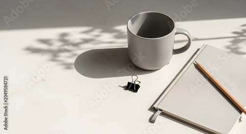 Minimalist home office workspace with grey coffee mug, notebook, and pencil in soft sunlight.